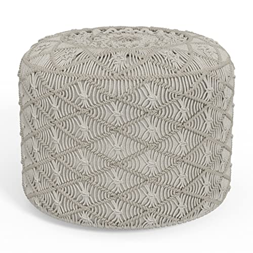 SIMPLIHOME Connor 34" Wide Round Pouf in Distressed Brown Genuine Leather - color: Cloud Grey, style: Cotton Pouf