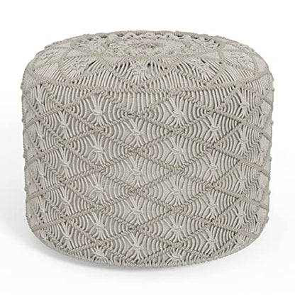 SIMPLIHOME Connor 34" Wide Round Pouf in Distressed Brown Genuine Leather - color: Cloud Grey, style: Cotton Pouf