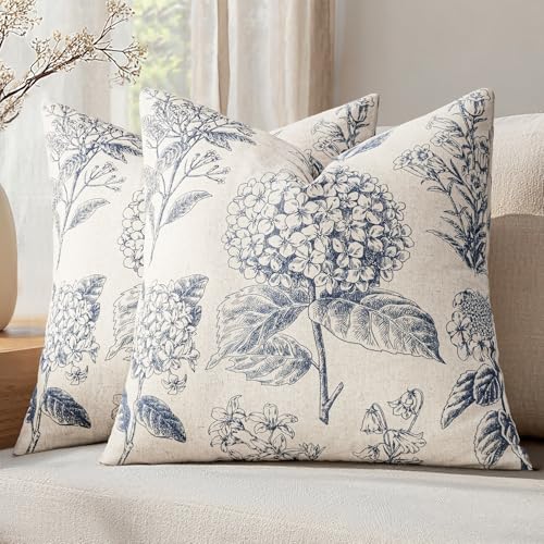 Set of 2 Decorative Floral Pillow Covers 18x18 Inch Light Blue | Neutral Hydrangea Print, Boho Vintage Throw Cushion Covers, Cottagecore Home Decor, for Sofa Couch Porch Bedroom Living Room - color: Light Blue, size: 18" x 18" (Pack of 2)