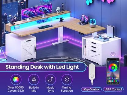 SEDETA Farmhouse L Shaped Standing Desk, 70.1" x 73.2" Height Adjustable Home Office Executive Desk with Drawers, Power Outlet, Monitor Stand, Sit Stand Table with Led Lights for Home Office, Oak - color: Oak