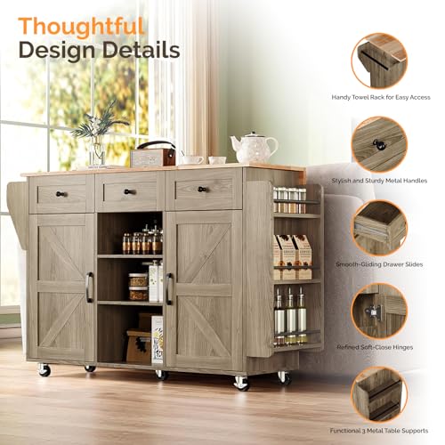 VINGLI Kitchen Island with Storage, 52" Rolling Kitchen Cart with 3 Drawers & Shelves, Drop Leaf Design, Mobile Island with Barn Doors, Towel & Spice Rack for Kitchen & Dining, Grey Brown Oak - color: Grey Brown 2-box