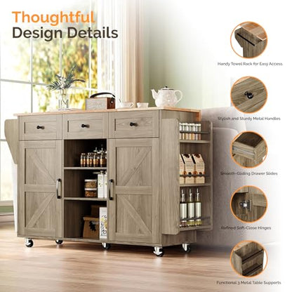 VINGLI Kitchen Island with Storage, 52" Rolling Kitchen Cart with 3 Drawers & Shelves, Drop Leaf Design, Mobile Island with Barn Doors, Towel & Spice Rack for Kitchen & Dining, Grey Brown Oak - color: Grey Brown 2-box