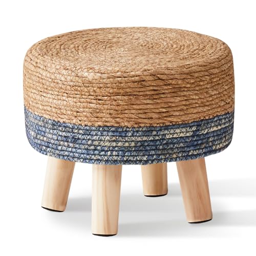 Cpintltr Foot Stool Natural Seagrass Hand Weave Poufs Round Ottoman for Couch Desk Soft Step Stool Padded Foot Rest with Non-Skid Pine Legs for Hallway Office Lounge Natural/Blue - color: Blue