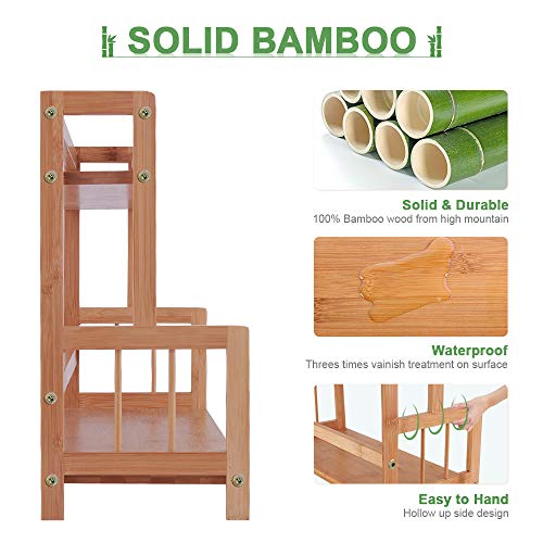 Kitchen Spice Shelf Rack Countertop Bamboo Wood Seasoning Holder Organizer | 2 Tiered Small Tabletop Organizer Shelf for Coffee Station,Codiment,Matcha,Mug,Tea,Jars Holder