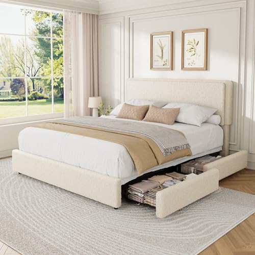 GarveeHome Queen Size Bed Frame with 2 Storage Drawer, Cream Beige | Teddy Fleece Thick Upholstered Platform Bed Frame with Adjustable Headboard, No Box Spring Needed - size: Queen
