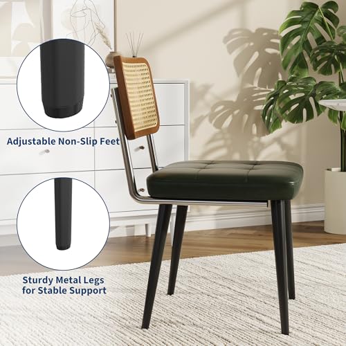 Garvee Rattan Dining Chairs Set of 4, Upholstered Dining Room Chairs with Rattan Backrest, Armless Side Chairs for Kitchen Living Room, Restaurant, PU Leather, Dark Green | Upholstered Kitchen Chairs with Rattan Backrest, Armless Side Chairs for Kitchen,