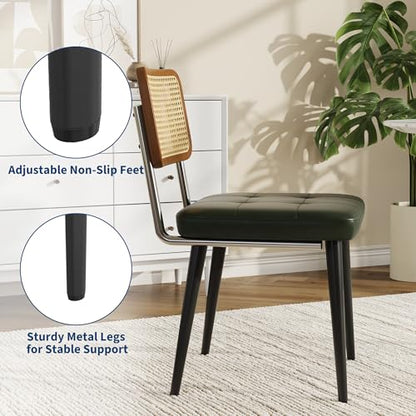 Garvee Rattan Dining Chairs Set of 4, Upholstered Dining Room Chairs with Rattan Backrest, Armless Side Chairs for Kitchen Living Room, Restaurant, PU Leather, Dark Green | Upholstered Kitchen Chairs with Rattan Backrest, Armless Side Chairs for Kitchen,