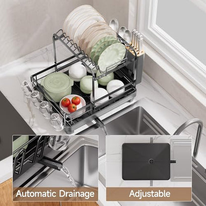 Runnatal 2-Tier Dish Drying Rack, Large Dish Drainers for Kitchen Counter | Anti-Rust Dish Rack with Drainboard, Utensil Holder, Extra Cup Holder, Black - color: Black, size: 2-Tier