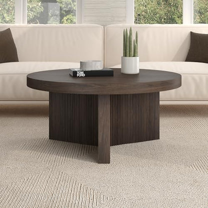 Henn&Hart 32" Scandinavian Fluted Coffee Table, Rich Brown | Ribbed pedestal base and low profile bring Scandinavian style to small spaces including living rooms or family rooms - color: Rich Brown, size: 32 inches