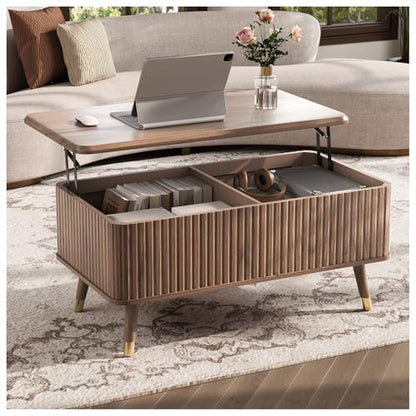 SULIVES Lift Top Coffee Table with Storage,Fluted Coffee Table with Lifting Top,Mid Century Modern Center Table with Solid Wood Legs,Small Coffee Tables for Living Room,Walnut - color: Walnut_rectangular