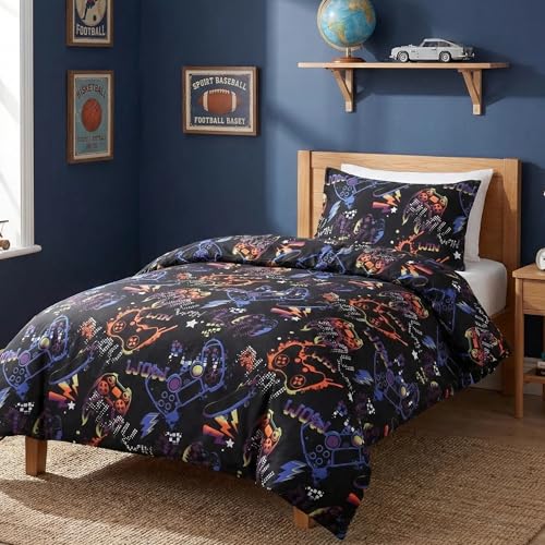 JSD Black Gaming Kids Duvet Cover Set Twin Size | 2 Piece Soft Printed Microfiber Duvet Cover with Pillow Sham Zipper Closure, Comforter Not Included, Oeko-Tex Certified - color: Black Gamer, size: Twin