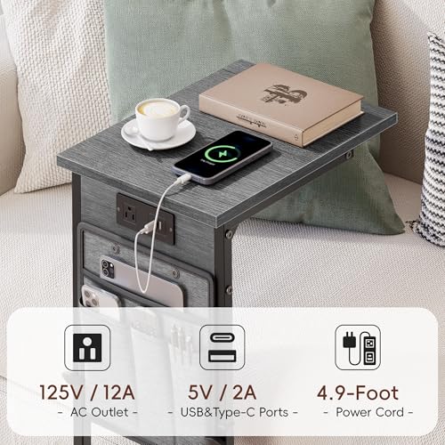 C Shaped End Table with Charging Station, C Table End Table Adjustable Height, Small Side Table for Couch, Sofa Table Slide Under Couch TV Tray Arm Table for Living Room, Bedroom, Gray Walnut - color: Gray Walnut, style: With Plug