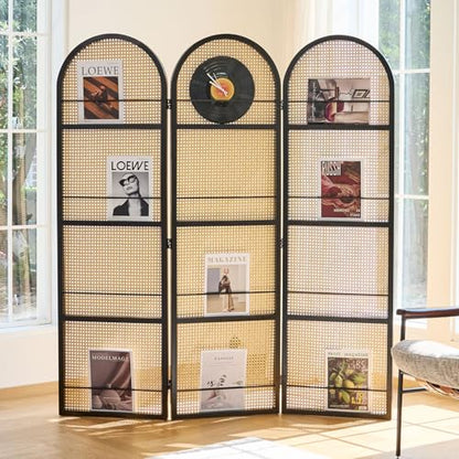 Rattan Room Divider with Bookshelf,Foldable Privacy Screen Partition,Wooden Frame,Natural Portable for Living Room,Bedroom Home,Office Reading Nook (Black, 3 Panels) - color: Black
