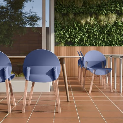 Stackable Plastic Dining Chair Set of 4, Modern Dining Chairs, 330lb Capacity, Protective Pads, 5-Second Cleanup, Kitchen, Dining Room, Balcony, Café, Commercial Use, Grey Blue Seat & Oak Legs - color: Blue