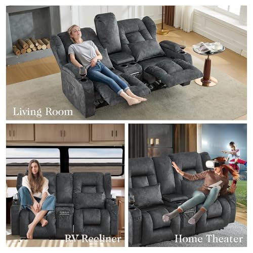 Loveseat Recliner Sofa,RV Wall Hugger Recliners with Console,Reclining Loveseat Sofa Recliner with Cup Holders/Lumbar Pillows for Small Spaces,RV Furniture (Gray,66" 2-Seater) - color: Grey, size: 66" 2-Seater