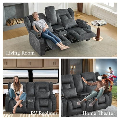Loveseat Recliner Sofa,RV Wall Hugger Recliners with Console,Reclining Loveseat Sofa Recliner with Cup Holders/Lumbar Pillows for Small Spaces,RV Furniture (Gray,66" 2-Seater) - color: Grey, size: 66" 2-Seater