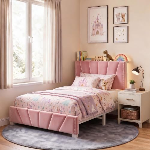 EnHomee Twin Bed Frame with LED Lights & USB, Noise-Free, Pink | Adjustable Velvet Headboard，Under-Bed Storage，Heavy Duty Support with 12 Slats，No Box Spring Needed，Easy Assembly for Bedroom - color: Pink, size: Twin