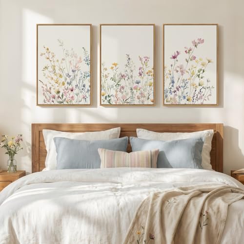 Large Framed Botanical Watercolor Floral Canvas Wall Art Bedroom, 16x24 In | 3 Piece, Farmhouse artwork for walls, Wildflower flower, Pastel Picture, Living room print, Nursery painting, Hallway decor - color: beige and purple, size: 16W" x 24H"x3Pcs
