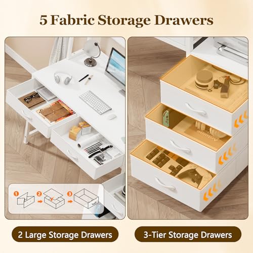 52" Computer Desk with Bookshelf, 5 Drawers ＆ Hutch for Bedroom | White Office Desk with Printer Shelf, Study Writing Desk with Storage Shelves - color: White