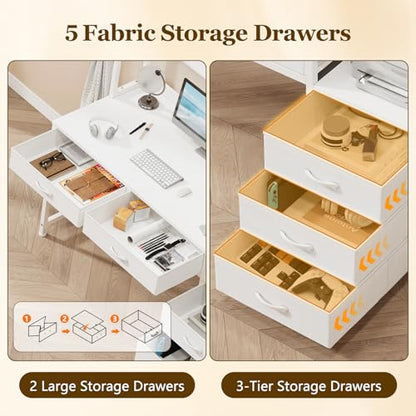 52" Computer Desk with Bookshelf, 5 Drawers ＆ Hutch for Bedroom | White Office Desk with Printer Shelf, Study Writing Desk with Storage Shelves - color: White