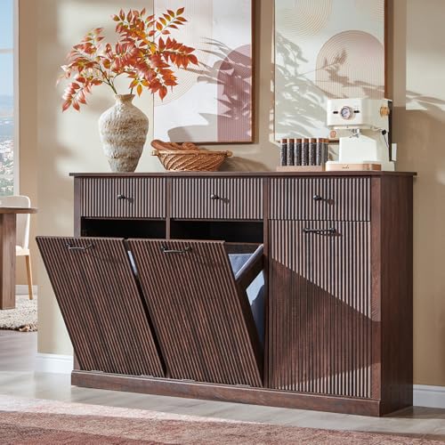 IFGET Triple Tilt Out Trash Can Cabinet, Modern Fluted Laundry Hamper Cabinet with 3 Drawers, 20 Gallon Hidden Wooden Garbage Can Cabinet w/Storage Basket & Adjustable Shelf, for Kitchen, Brown - color: Brown, size: Triple Door