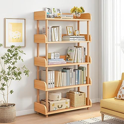 5-Tier Wooden Open Bookcase, Oak | Modern Display Bookshelf with Top Edge, Solid Wood Frame, Home and Office Storage - color: Oak, size: 5-tier