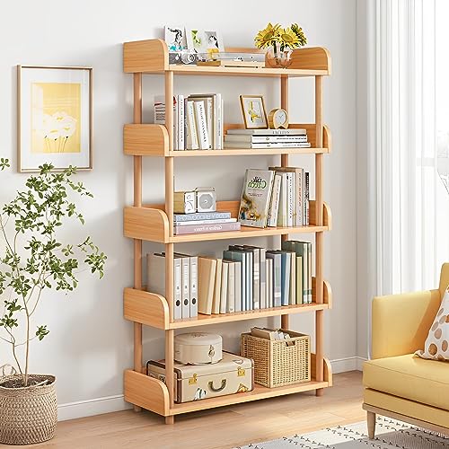 5-Tier Wooden Open Bookcase, Oak | Modern Display Bookshelf with Top Edge, Solid Wood Frame, Home and Office Storage - color: Oak, size: 5-tier