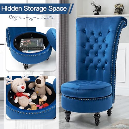 AVAWING High Back Velvet Tufted Throne Chairs with Storage Set of 2, Blue | Tufted Nailhead Design; Hidden Storage; Soft Velvet; Sturdy Wood Legs 330Lbs; High Density Foam; Ergonomic Back - color: Blue