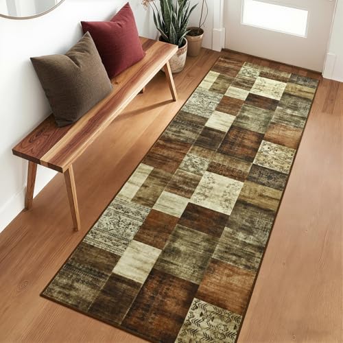Runner Rug for for Hallways, 2'x6' Washable Kitchen Rugs with Non Slip Rubber Backing, Soft Low Pile Non-Shedding Geometric Carpet for Laundry Bedroom Bathroom, Brown - color: Brown, size: 2 Ft X 6 Ft