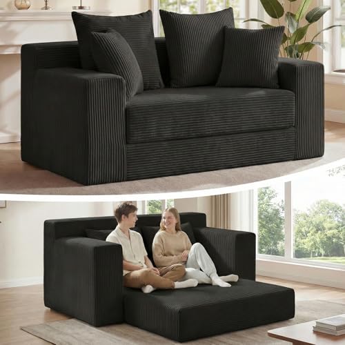 3-in-1 Convertible Sofa Bed: Boneless Loveseat Sleeper & Folding Couch Bed with 4 Pillows & Detachable Cushion for Bedroom, Small Space, Guest and Living Room, Corduroy Futon, No Assembly,Black - color: E-black, size: Loveseat Sofa