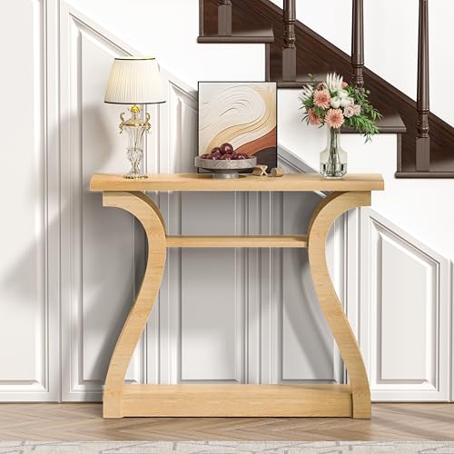 Wood Console Table, 3-Tier Natural Accent Sofa Table | 47" Entry Table with Curved Legs, 3-tier Shelf Modern Accent Sofa Table for Entrance Area, Living room, Hallway - color: Natural