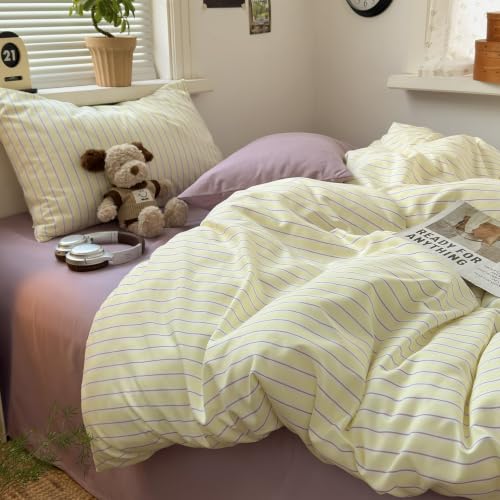 mixinni Pastel Yellow Lavender Striped Duvet Cover Set Twin, Soft Premium Washed Microfiber Aesthetic Stripes Comforter Cover with Hidden Zipper & Corner Ties, 3 Piece Sweet Teen Bedding for Girls - color: 04 - Cream Yellow Lilac Stripes, size: Twin(68" x