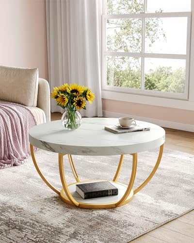 LITTLE TREE Round Coffee Table, 32" Faux Marble Circle Coffee Table | 2-Tier Wood Accent Center Table with Open Storage Industrial Design Home Furniture for Living Room(White and Gold) - color: White and Gold
