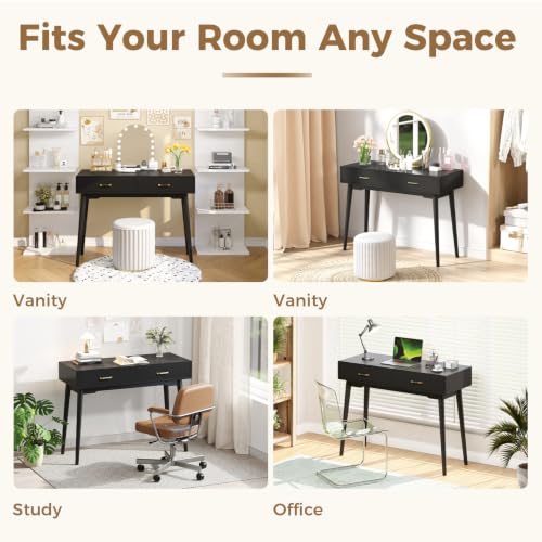 FUNKOCO Black Small Vanity Desk with Drawers, 40 Inch Simple Writing Desk | Vanity Desk No Mirror with 4 Solid Legs, Modern Computer Desk for Small Spaces, Home Office, Study - color: Black