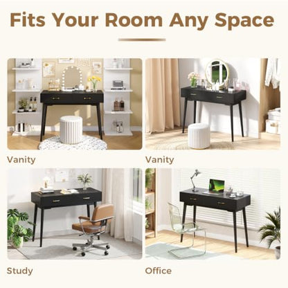 FUNKOCO Black Small Vanity Desk with Drawers, 40 Inch Simple Writing Desk | Vanity Desk No Mirror with 4 Solid Legs, Modern Computer Desk for Small Spaces, Home Office, Study - color: Black