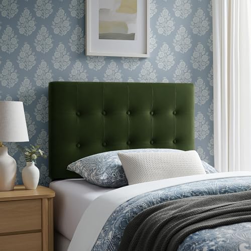 Modway Emily Twin Size Performance Velvet Headboard in Moss Green - Stain-Resistant Velvet Upholstery with Button Tufting and 7 Adjustable Height Positions - color: Moss Green, size: Twin