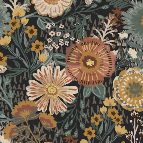 Boho Retro Wallpaper Peel and Stick Wallpaper Vintage Floral Contact Paper 17.3''x78.7'' Dark Black Bohemian Removable Wall Paper Renter Friendly Waterproof Wall Mural Bedroom Bathroom Vinyl - color: Black&Orange Floral, size: 17.3" x 78.7"