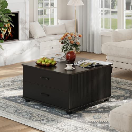 MALOL Storage Coffee Table with 2 Drawers & Flip-Top Lid with Hidden Storage, Modern Fluted Wood Coffee Table, Solid Wood Legs, Square Center Table for Living Room, Black - color: Black