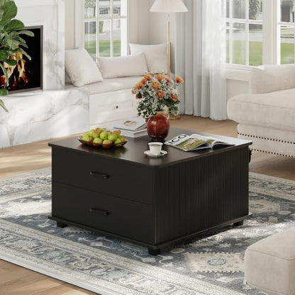 MALOL Storage Coffee Table with 2 Drawers & Flip-Top Lid with Hidden Storage, Modern Fluted Wood Coffee Table, Solid Wood Legs, Square Center Table for Living Room, Black - color: Black
