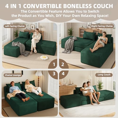 Boneless Sectional Couch, 4 in 1 Convertible Cloud Couch with Reversible Chaise & Deep Seat, Modular Sectional Sofa for Apartment, No Assembly Chenille Foam Couch in a Box, Green - color: Green, size: 89" Convertible Chaise Chenille