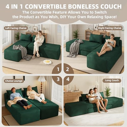 Boneless Sectional Couch, 4 in 1 Convertible Cloud Couch with Reversible Chaise & Deep Seat, Modular Sectional Sofa for Apartment, No Assembly Chenille Foam Couch in a Box, Green - color: Green, size: 89" Convertible Chaise Chenille