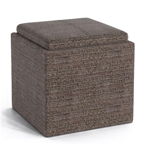 SIMPLIHOME Rockwood 24" Wide Vegan Leather Storage Ottoman in Brown | Mink brown, contemporary ottoman with flip-over tray top and hidden storage; cube storage bench for living room. - color: Mink Brown