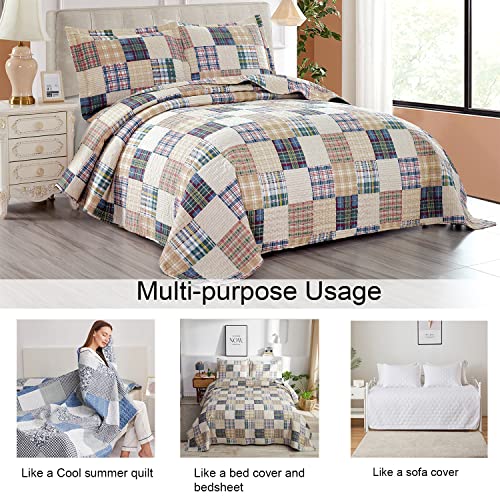 Ycosy Beige Plaid Quilt Set Full/Queen Size Patchwork Quilts Bedding Plaid Reversible Bedspread Coverlet Soft Lightweight Bed Cover Set All Season,1 Quilt 2 Pillow Shams - color: Beige, size: Full/Queen