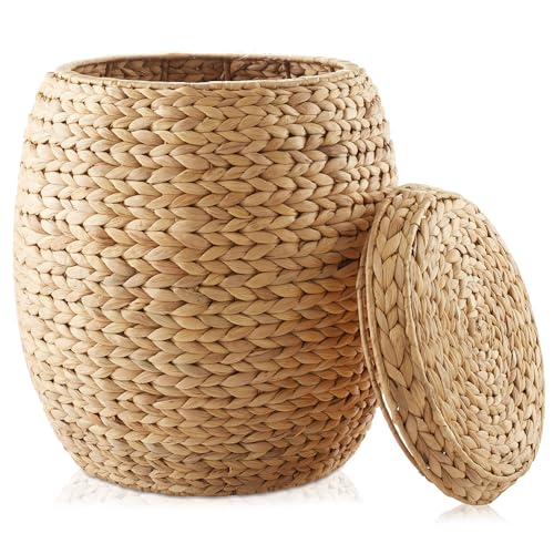 Casafield Round Storage Basket with Lid - Natural, Handwoven Water Hyacinth Organizer for Laundry, Blankets, Plants, Bedroom, Living Room, Home Office - color: Natural