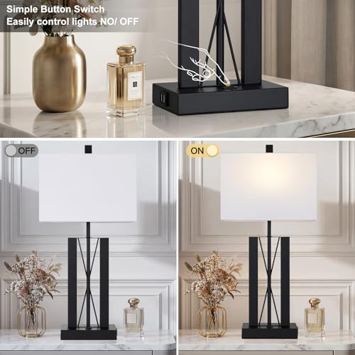 Lolikit 25" Table Lamps for Living Room Set of 2, Modern Table Lamp with 2 USB Charging Ports, Nightstand Geometric Bedside Lamp with White Shade for Bedroom End Table Desk Office(2 LED Bulb Included) - color: White - 25"H