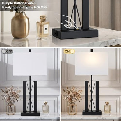 Lolikit 25" Table Lamps for Living Room Set of 2, Modern Table Lamp with 2 USB Charging Ports, Nightstand Geometric Bedside Lamp with White Shade for Bedroom End Table Desk Office(2 LED Bulb Included) - color: White - 25"H
