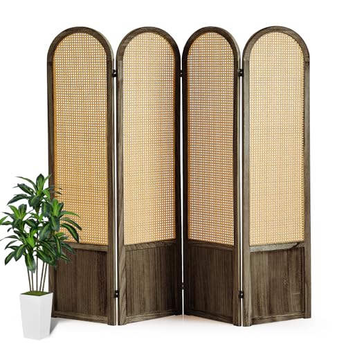 Rattan Room Divider, 4 Panel Folding Room Screen Divider, Brown | Woven Privacy Screen, Foldable Room Partition, Freestanding Room Screen Divider for Bedroom, Apartment, Office, No Assembly - color: 4 Panel Brown, size: 4 Panel