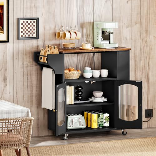 HOOBRO Kitchen Island with Power Outlet, Rolling Kitchen Island with Glass Doors and Open Storage Shelf, Island Table with Spice Rack, Towel Rack for Kitchen, Rustic Brown and Black BF53UZD01