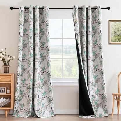 H.VERSAILTEX 꽃무늬 100% 암막 커튼 213.4cm(84인치) 길이 2패널 빈티지 커튼 프린트 단열 커튼 침실 거실 패턴 그로밋 창문 드레이프, 터키석/블랙 - color: 터키석/블랙., size: 52"W x 84"L (Pack of 2)