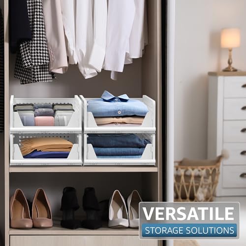 Sorbus 4 Pack Folding Closet Shelf Organizer for Clothes, Versatile Stackable Storage Baskets for Closet, Bathroom, Kitchen and Garage with Easy Access Open Front Design, Plastic Organizer Shelves - size: 4 Small